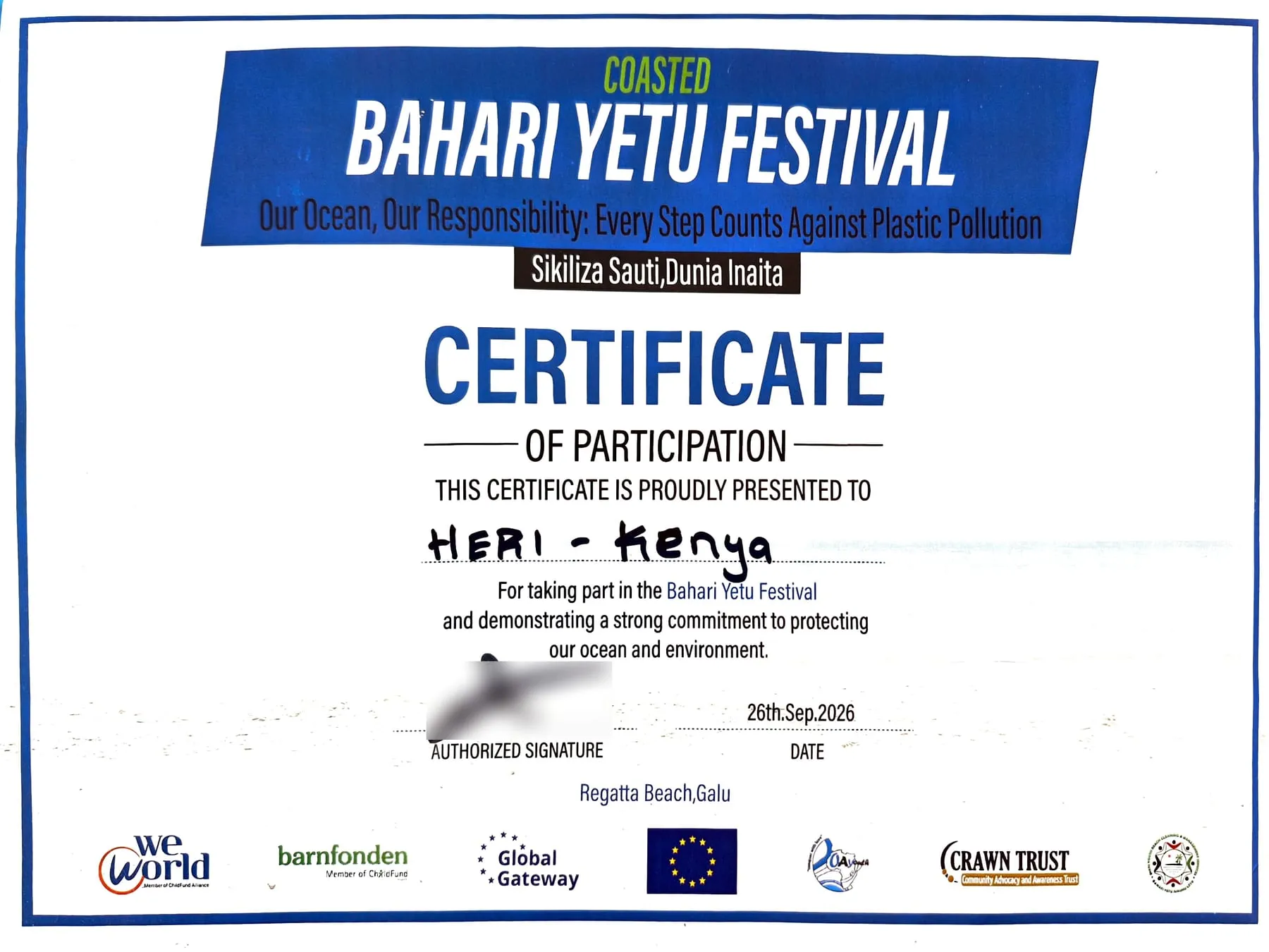 Certificate of Participation presented to HERI-Kenya for taking part in the Bahari Yetu Festival and its commitment to protecting the ocean and environment