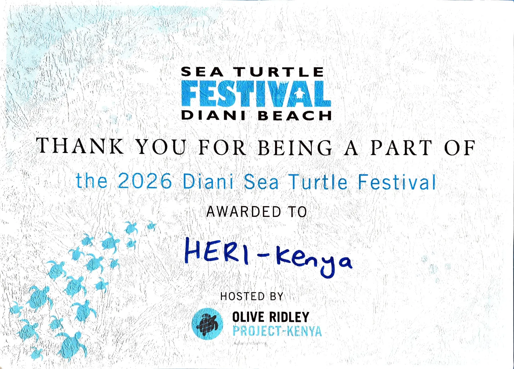 Certificate thanking HERI-Kenya for being part of the 2026 Diani Sea Turtle Festival