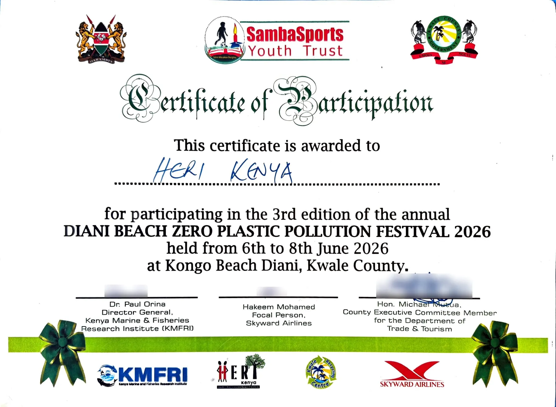 Certificate of Participation presented to HERI-Kenya for the 3rd Diani Beach Zero Plastic Pollution Festival 2026