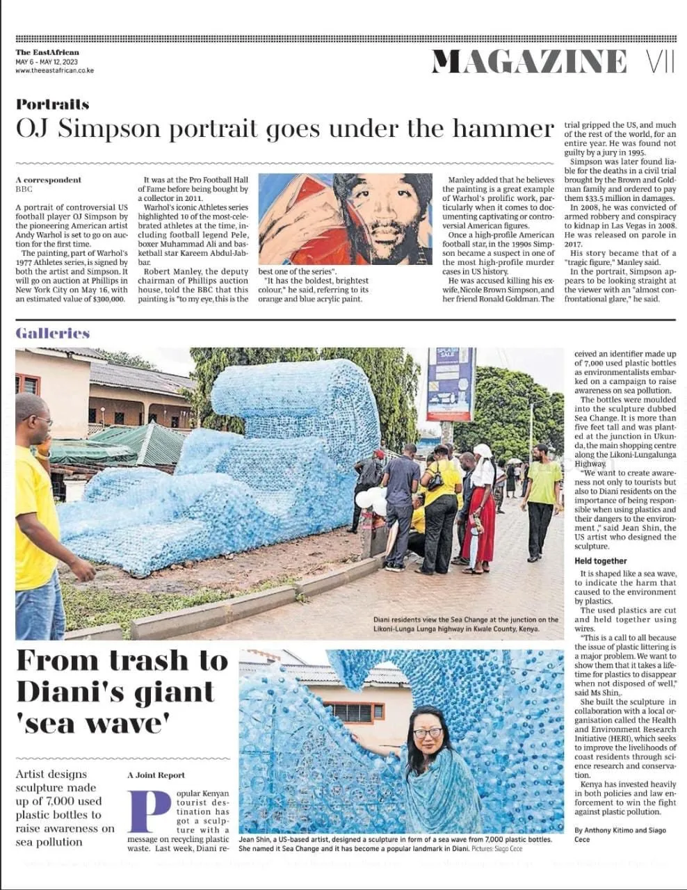 Newspaper coverage of the Plastic Planet installation in Diani